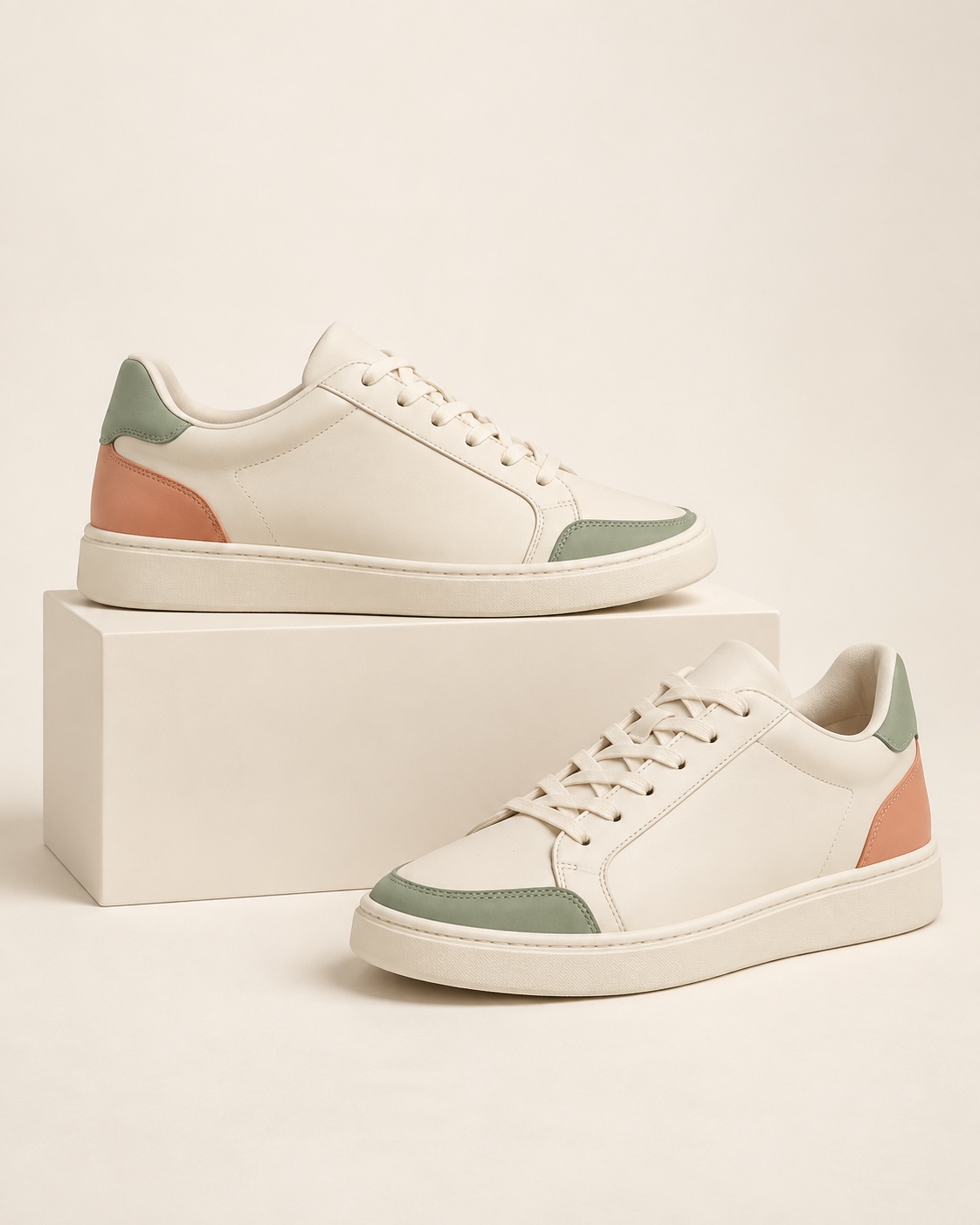Sculptural arrangement of colorful sneakers from the new collection